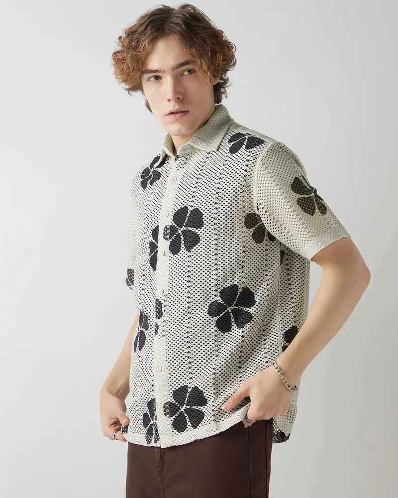 بيواكوف Men's Beige Textured Oversized Crochet Shirt